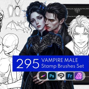 May include: A digital art resource titled 295 VAMPIRE MALE Stamp Brushes Set, featuring a central colored illustration of a vampire couple, surrounding black and white line art sketches of fangs, a bat, a locket, and a male character portrait.