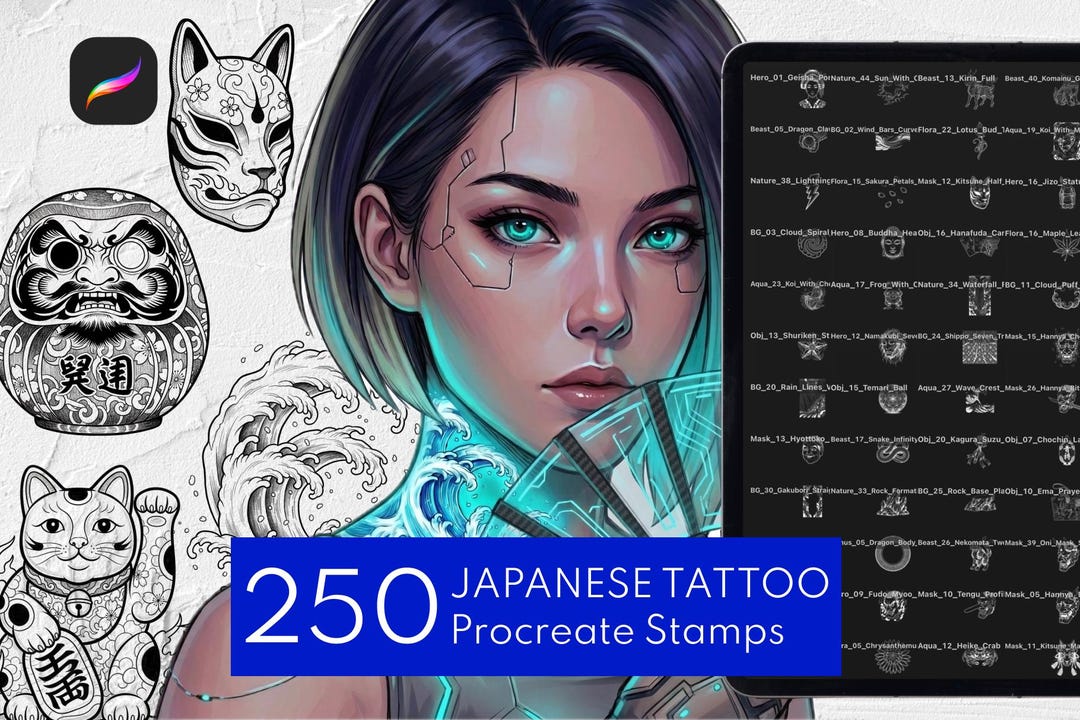 250 Japanese Tattoo Procreate Stamps | Flash Brushes & Stencils - Etsy