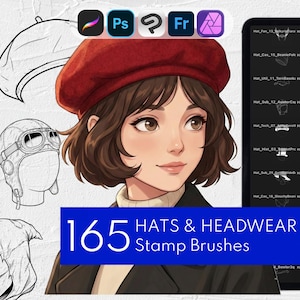 165+ Hat Stamps & Headwear Brushes | Anime Portrait Brush Set: Procreate, Clip Studio Paint, Photoshop, Affinity Photo, Adobe Fresco