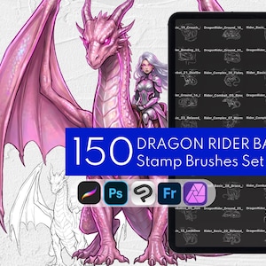 150 Stempelsets mit weiblichen Drachenreiterinnen, Fantasy-Zeichenposen: Procreate, Clip Studio Paint, Photoshop, Affinity Photo, Adobe Fresco