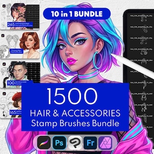 1500+ Hair & Accessories Stamps. Anime, Y2K, Braids, Crowns, Male Hair Brushes Bundle: Procreate, Clip Studio Paint, Photoshop, Affinity