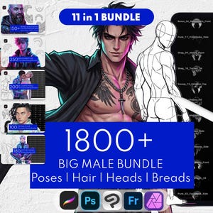 1800 Male Anime Stamp Bundle, Poses, Haare, Köpfe, Gesicht, Manga Brushes: Procreate, Clip Studio Paint, Photoshop, Affinity Photo, Adobe Fresco