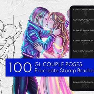 Può includere: Illustrazione digitale con due coppie che si baciano, una con una giacca al neon. L'immagine include uno schizzo di una coppia che si bacia e un tablet che mostra i pennelli timbro Procreate. Il testo recita "100 GL COUPLE POSES Procreate Stamp Brushes."