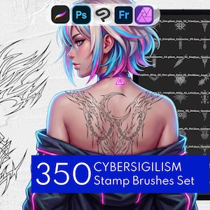 350 timbres de cybersigilisme | Pinceau de tatouage néo-tribal et flash cyberpunk : procréation, clip Studio Paint, Photoshop, Affinity Photo, Adobe Fresco