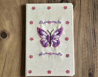 Handmade Butterfly Notebook, Cotton Fabric Cover, Embroidered Journal, Purple and Pink