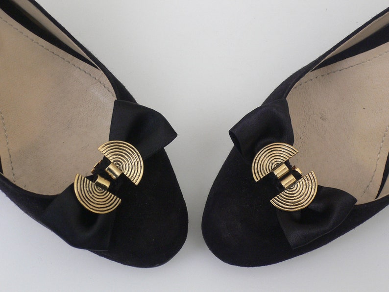Shoe Clips Black Satin Bow With Gold Half Moons one Pair Etsy