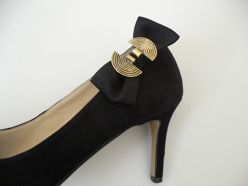Shoe Clips Black Satin Bow With Gold Half Moons one Pair Etsy