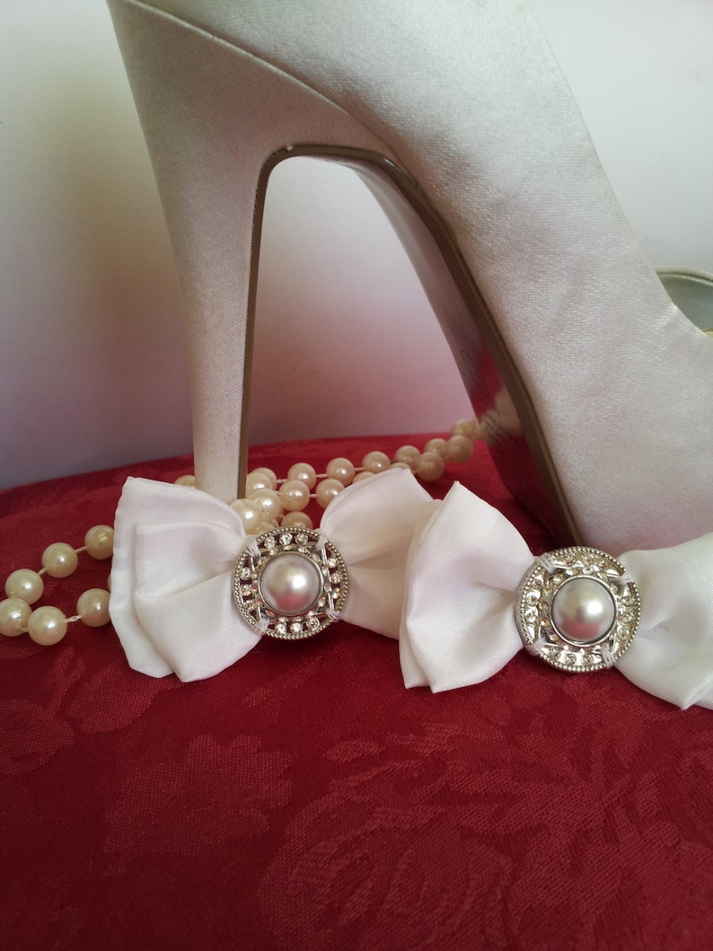 White Wedding Bow Shoe Clips with Pearl & Diamentes One Etsy