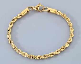 18K Gold Plated Sterling Silver Rope Chain Bracelet | 4mm Unisex Jewelry