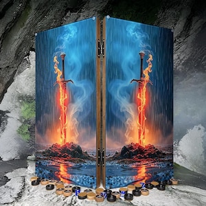 May include: A two-panel wooden game board with a fantasy scene of a flaming sword. The artwork shows a sword wreathed in flames against a blue background with rain and smoke effects. Dice and game pieces are at the base.