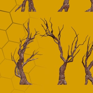 May include: Six brown tree sculptures with detailed branches are displayed against a yellow backdrop with a honeycomb pattern. The words "BEE HAPPY" are vertically aligned on the left. A bee logo is in the lower right corner. The background is yellow and black.
