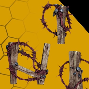May include: Illustration of wooden posts with red barbed wire and metal nails. The words "BEE HAPPY" are written vertically in yellow letters on a yellow and black background. A bee logo is in the bottom right corner.