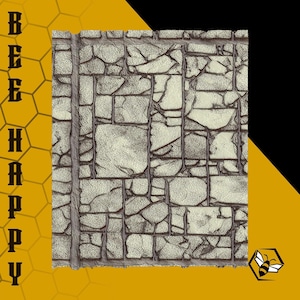 May include: A textured stone wall design with the words "BEE HAPPY" in yellow. The wall is composed of light grey stones with dark grey grout lines. A yellow and black honeycomb design with a bee is in the corner.