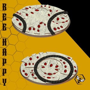 May include: Two oval-shaped, textured objects with red dots and black accents are displayed against a yellow honeycomb background. The text "BEE HAPPY" is vertically aligned on the left. A bee logo is in the bottom right corner.