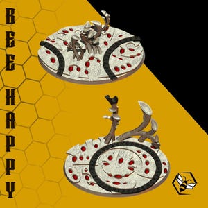 May include: Two decorative, stylized bee-themed objects with a textured, off-white surface, red accents, and dark grey trim. The objects have a circular shape with branch-like elements on top. The background is yellow with a honeycomb pattern and the text "BEE HAPPY".