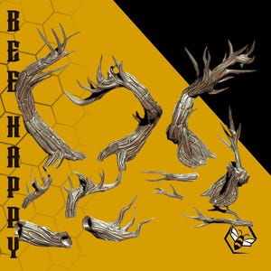 May include: A collection of stylized, metallic-looking tree branch sculptures in various shapes and sizes. The branches are arranged against a yellow and black background, with the words "BEE HAPPY" vertically aligned on the left side. A bee logo is in the bottom right corner.