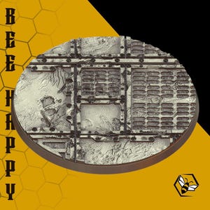 May include: A round, metallic-looking base with a textured surface, featuring a grid-like pattern and rivets. The words "BEE HAPPY" are vertically stacked on the left side. A yellow and black background with a bee logo is also present.