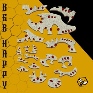 May include: A graphic design featuring puzzle pieces with a textured, off-white surface and red accents. The words "BEE HAPPY" are vertically stacked on the left, with a bee logo in the lower right corner.