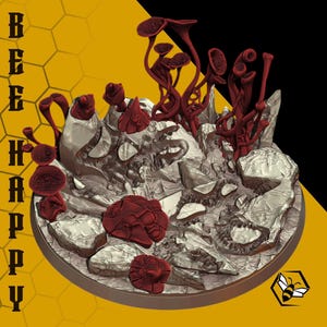 May include: A 3D-rendered sculpture featuring a detailed landscape with red mushroom-like structures and a rocky terrain. The sculpture is set against a yellow and black background with the words "BEE HAPPY" in vertical text.