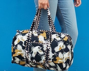 Handmade Cotton Quilted Duffel Bag: Crane Print Weekender Travel Bag