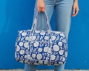 Handmade Quilted Cotton Duffle Bag: Blue Floral Block Print Travel Tote