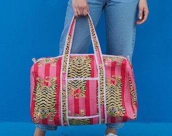 Indian Tiger Print Duffle Bag: Quilted Cotton Travel Bag