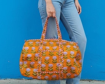 Handmade Quilted Cotton Duffle Bag: Orange Floral Block Print Weekender