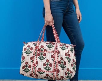 Handmade Quilted Cotton Tote Bag: Red Floral Print Travel Shoulder Bag
