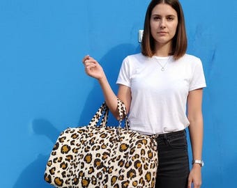 Handmade Leopard Print Duffle Bag: Quilted Cotton Weekender Travel Tote