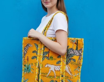 Handmade Cotton Tote Bag: Yellow Jungle Animal Print, Boho Beach Shoulder Bag
