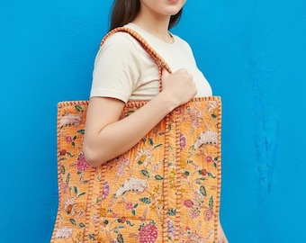 Handmade Orange Floral Tote Bag: Block Print Boho Shoulder Bag