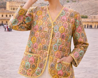 Colorful Floral Print Jacket, Lightweight Cotton Fall Cardigan, Ethically Made Boho Chic Apparel