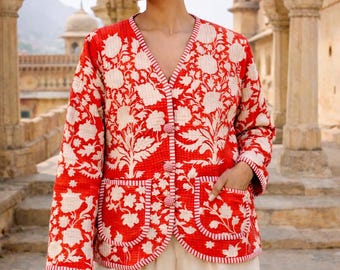 Hand Block Print Kantha Quilted Jacket - Reversible Floral Cotton Coat
