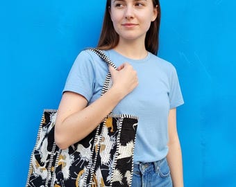 Bolso de mano con estampado de grulla hecho a mano: bolso de hombro de algodón acolchado Kantha japonés