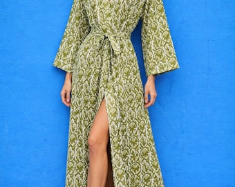 Green, Floral, Block Print, Kimono, Robe, Cotton, Dressing Gown, Indian, Bridesmaid Gift