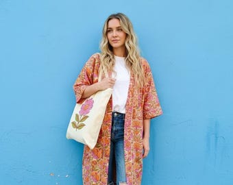 Hand Block Print Cotton Kimono Robe: Pink Orange Floral Boho Loungewear