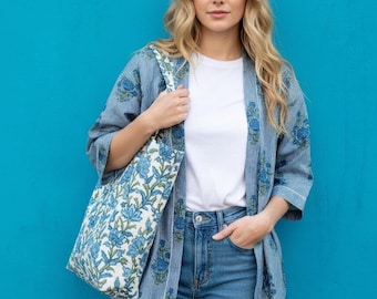 Hand Block Print Cotton Kimono Robe: Blue Floral Boho Loungewear
