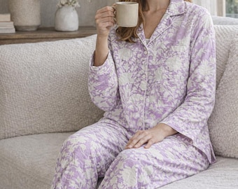 Komplet piżamowy z nadrukiem blokowym, bawełniana odzież domowa z nadrukiem blokowym, piżama w kwiaty i lawendę