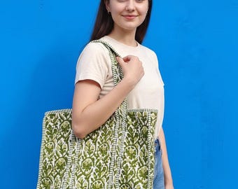 Handmade Cotton Tote Bag: Green & White Floral Block Print Boho Shoulder Bag