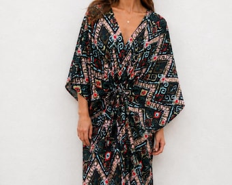 Women's Geometric Print Kaftan Dress, Bohemian Maxi Cover Up, Beach Kaftan, Resort Wear Caftan, Summer Vacation Dress, Gift for Her