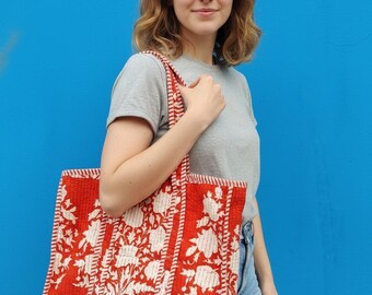 Handmade Red Floral Block Print Tote Bag: Eco-Friendly Cotton Shoulder Bag
