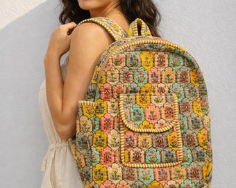Handmade Indian Block Print Backpack, Quilted Floral Cotton Rucksack