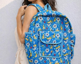 Handmade Quilted Backpack, Blue Floral Block Print, Boho Rucksack