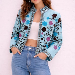 Handmade Turquoise Embroidered Jacket, Floral Boho Jacket, Vintage Style Statement Coat, Festival Wear, Unique Gift for Women