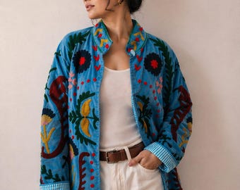 Handmade Suzani Embroidered Jacket, Blue Boho Floral Velvet Coat, Ethnic Statement Piece