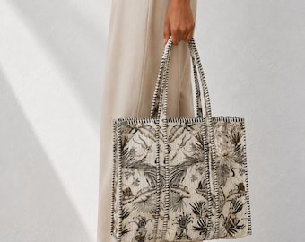 Handmade Quilted Cotton Tote Bag: Neutral Safari Jungle Print