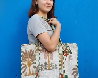 Handmade Tree of Life Tote Bag: Quilted Kantha Cotton Market Bag