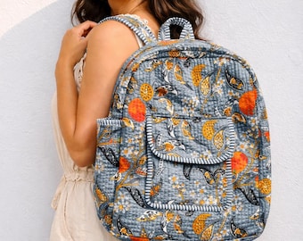 Handmade Indian Block Print Backpack, Quilted Floral Rucksack