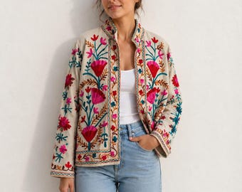 Handmade Suzani Embroidered Jacket, Boho Floral Cotton Lined Coat