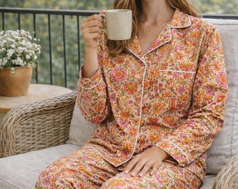 Komplet piżamowy w stylu boho z nadrukiem blokowym | Miękka bawełniana piżama w kwiaty | Ręcznie robiona letnia piżama